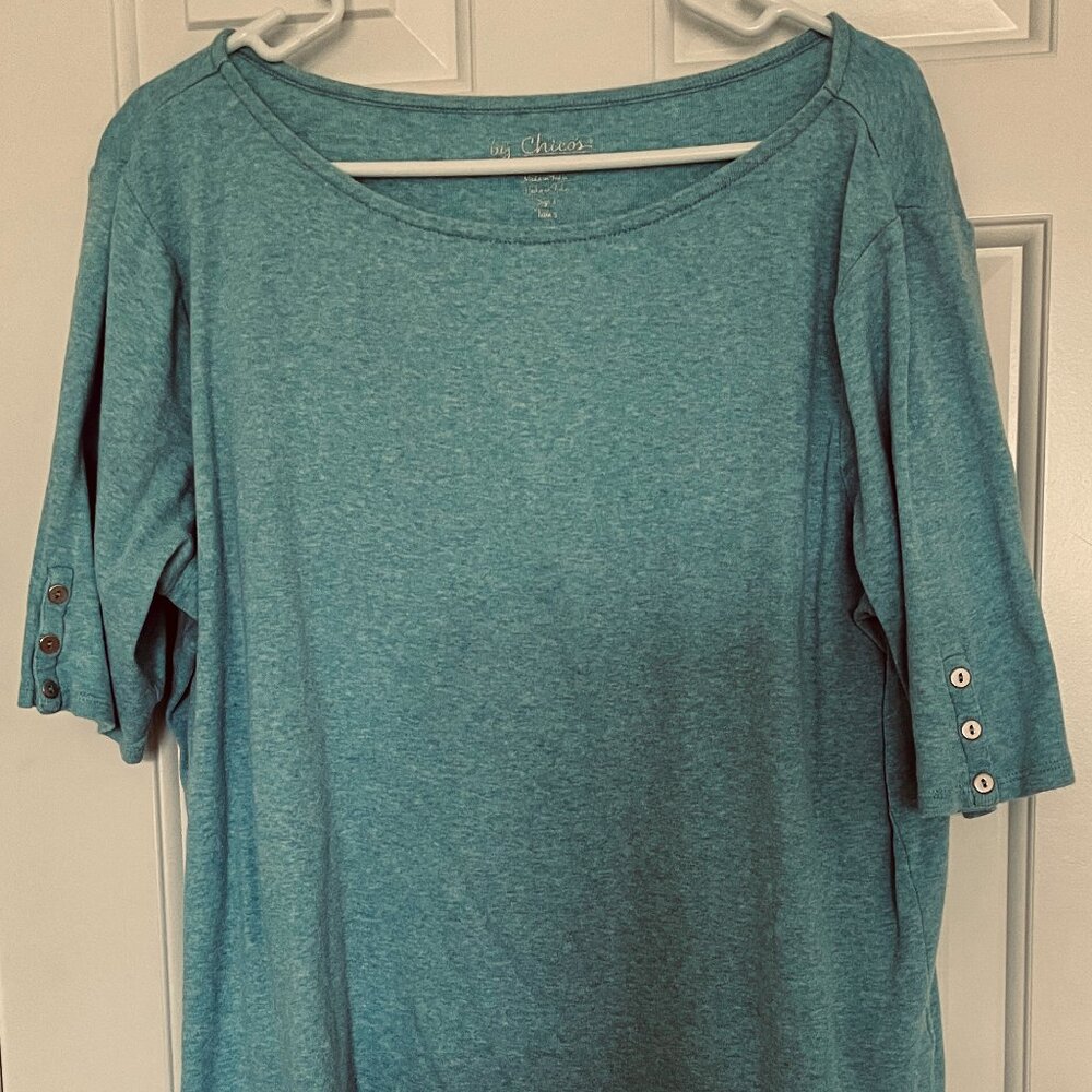 Chico's Perfect Button Sleeve Tee - Blue - Chico's size 3 (14-16)